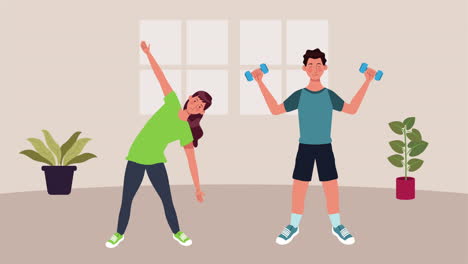 pareja practicando ejercicio en casa para el método de prevención de covid-19