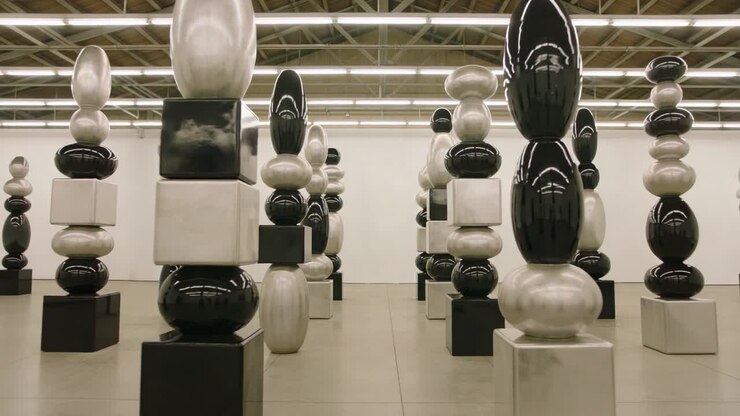 Starting dolly pushing camera forward down gallery between black-silver stacks, showing reflections