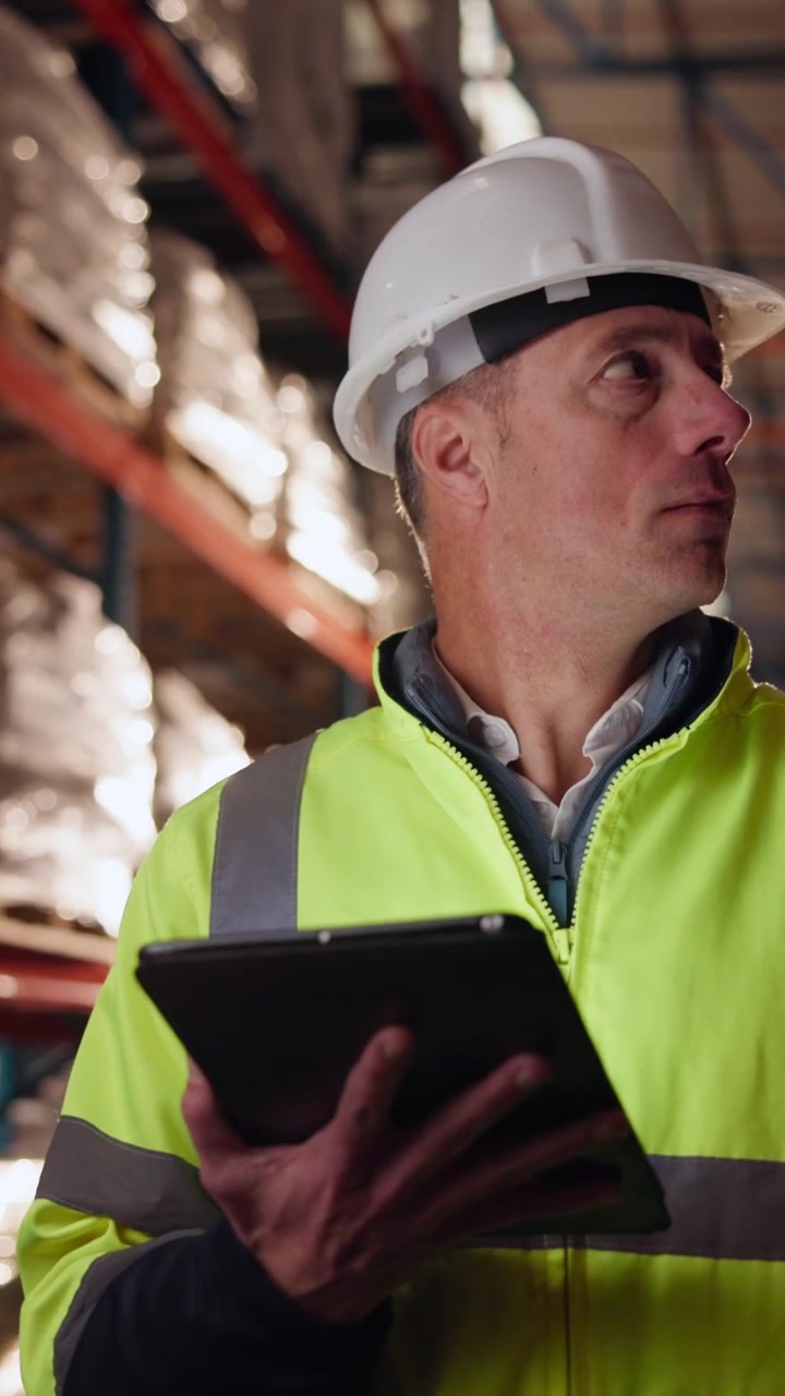 Responsabile di magazzino che utilizza un tablet digitale per ispezionare l'inventario