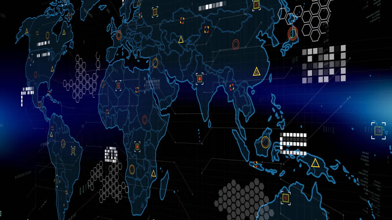 Animation of digital data processing over world map on black background