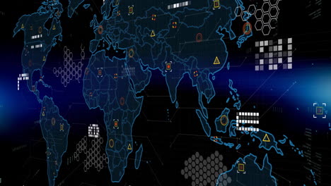 Animación-Del-Procesamiento-De-Datos-Digitales-Sobre-El-Mapa-Mundial-Sobre-Fondo-Negro