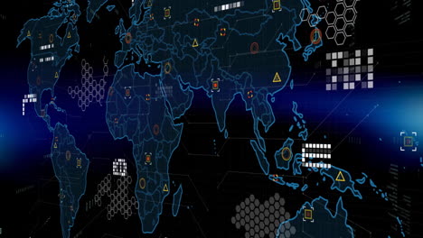 animation of digital data processing over world map on black background