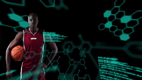 animación de estructuras químicas sobre un jugador de baloncesto masculino sosteniendo la pelota