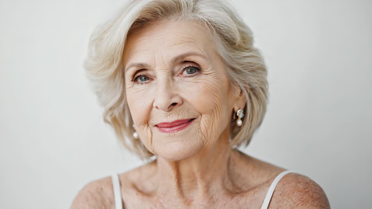 Mature woman with short blonde hair and pearl earrings sharing diverse facial expressions, transitioning between peaceful closed eyes and gentle smiling, captured against minimalist white background