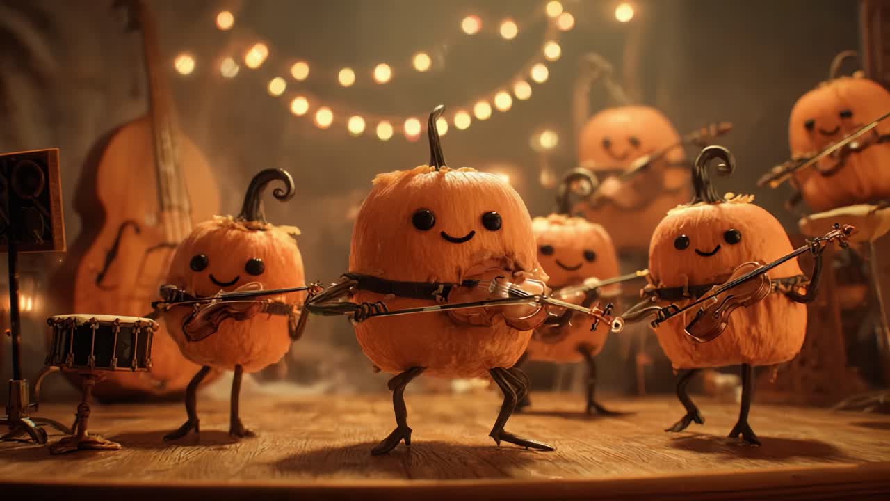 A whimsical band of playful pumpkins delight in a cozy atmosphere, showcasing their musical talents as they perform together with joyful expressions amidst festive decorations