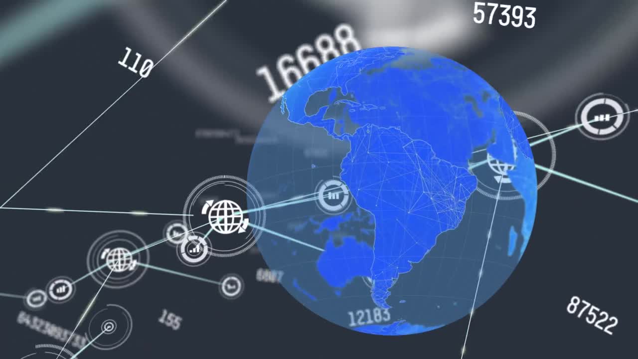 숫자가 변하고 연결된 아이콘이 검은색 배경에 지구를 가로질러 움직이는 애니메이션