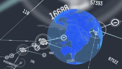 animación de números cambiantes e íconos conectados que se mueven sobre el globo sobre fondo negro.