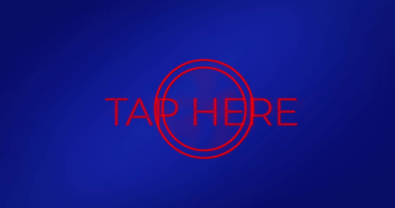 Animazione di un banner di testo "tocca qui" al neon su sfondo sfumato blu.