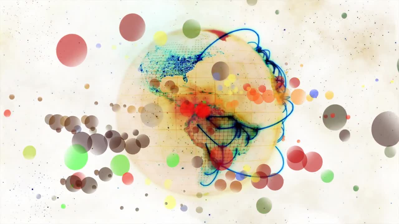 Animation of colorful dots over rotating globe and network of connections
