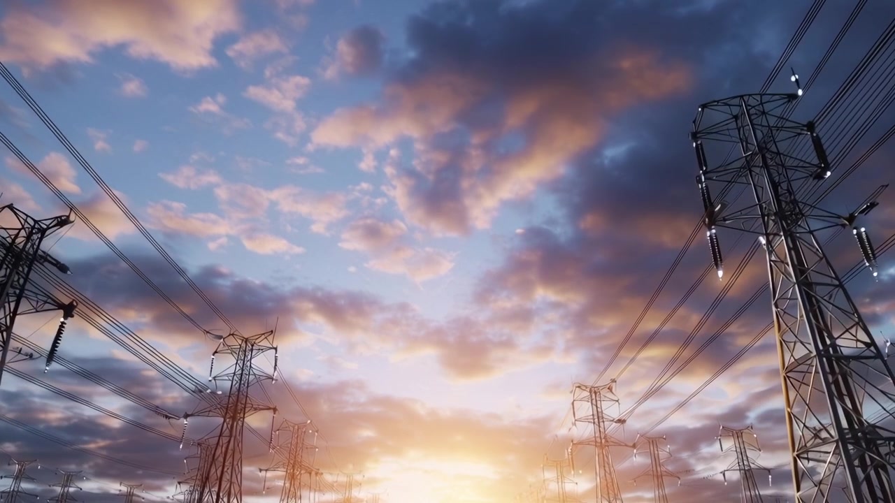 High Voltage Power Lines and Transmission Towers at Sunset