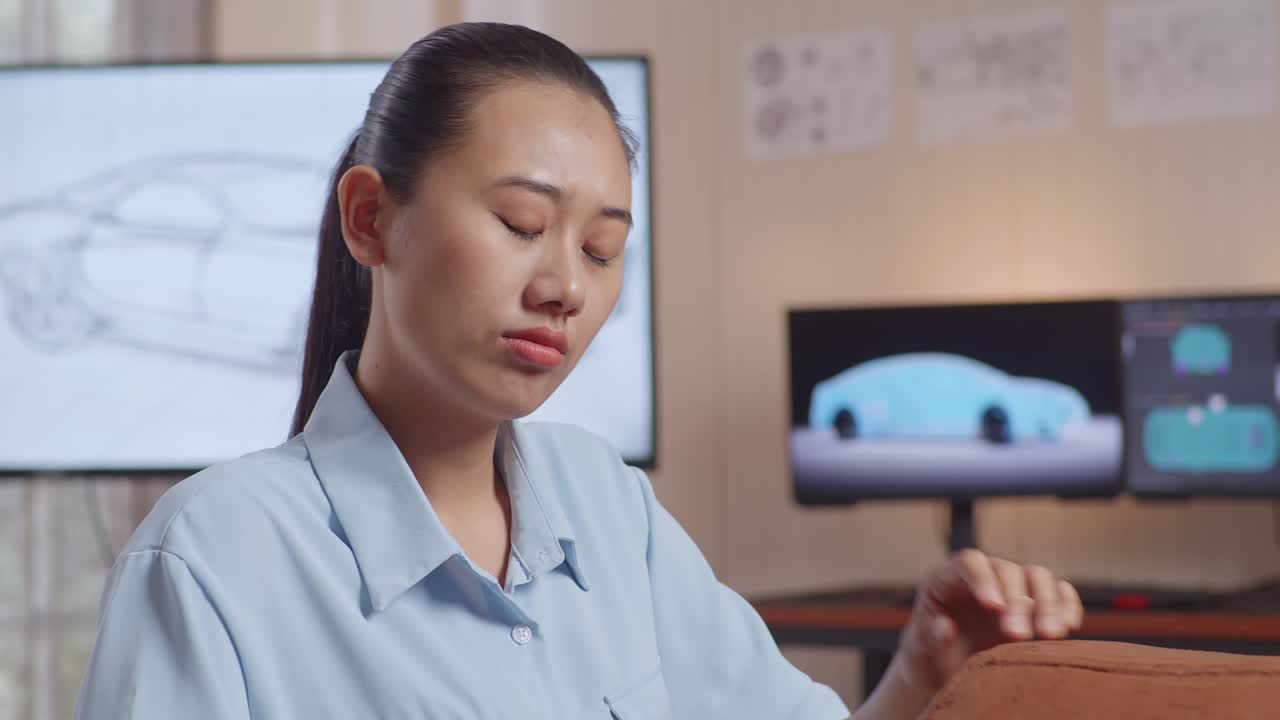 아시아 여성 자동차 디자이너가 새로운 자동차 컨셉에 대해 생각하고 있으며, 스튜디오에서 자동차 클레이 조각을 작업하는 동안 지표손가락을 올리고 있습니다.