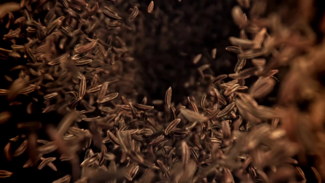 Cumin Seeds Falling and Swirling on Black Background