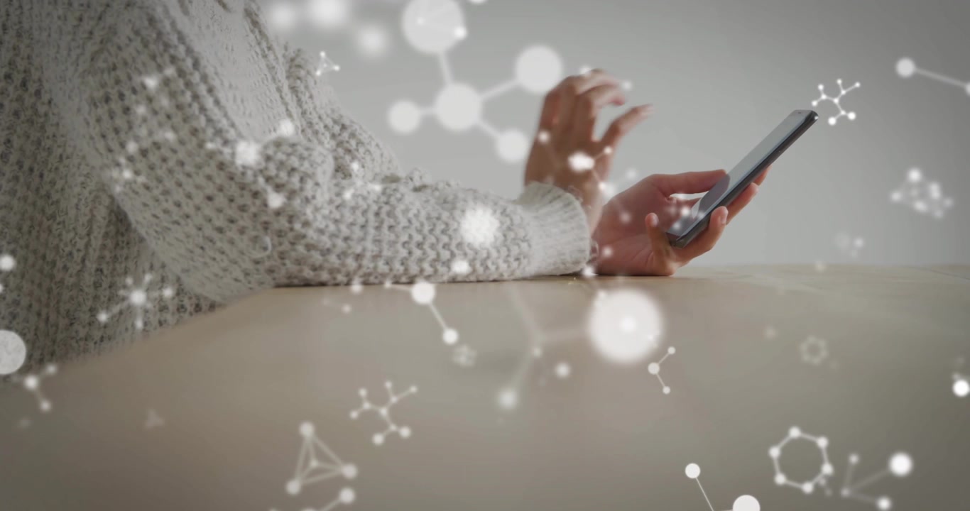 Woman lifting finger tapping and swiping tablet exploring molecular network with clear graphics