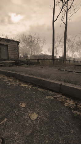 abandoned building in a foggy and overgrown landscape