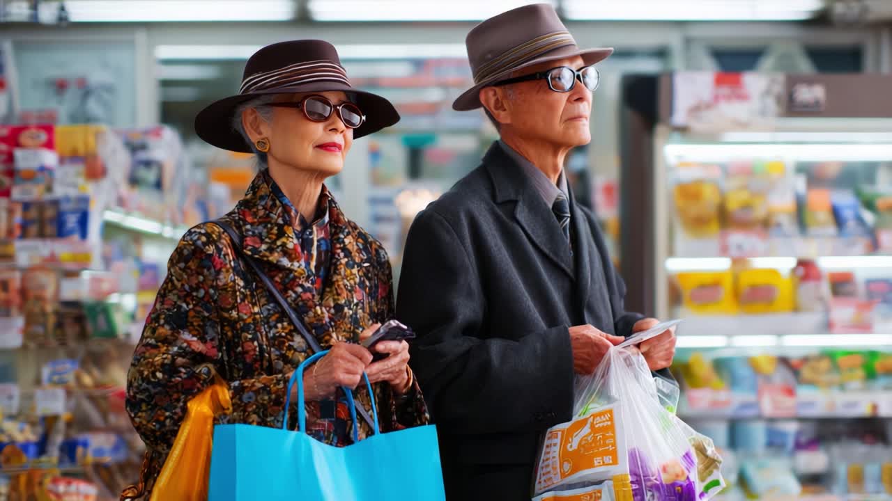 Stylishly Attired Seniors Enjoying Shopping Experience Together, Showcasing their Fashion Choices and Carefree Attitude in a Convenience Store Setting with Colorful Bags
