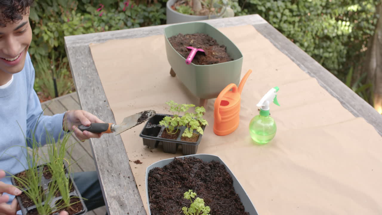 Planting herbs in pots, multiracial gay couple gardening together at home, smiling and enjoying