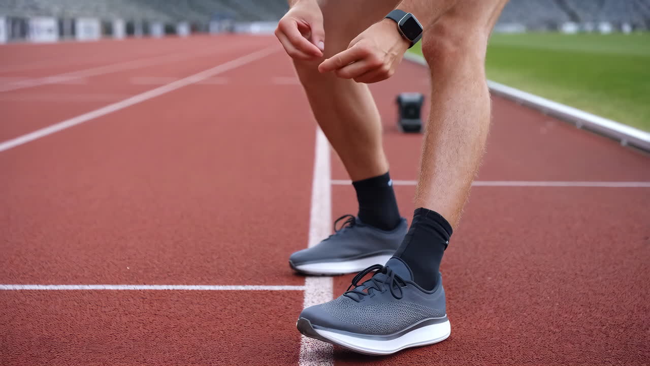 Athlete on a running track in starting position