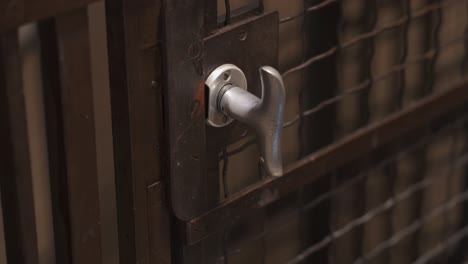 close shot of steel door handle on an old-fashioned descending elevator