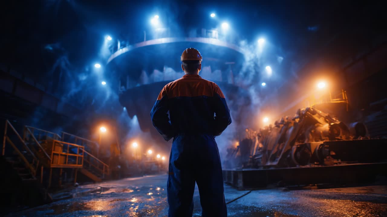 A lone worker stands in the dim light of a vast industrial environment, surrounded by steam and machinery, contemplating the depth of the factory scene, where technology meets human effort and perseverance