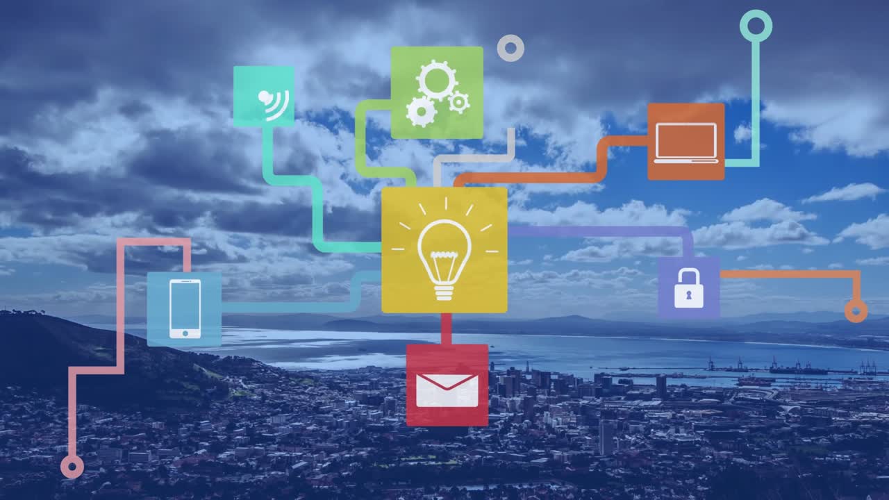 Animation of technology icons over cityscape and seascape
