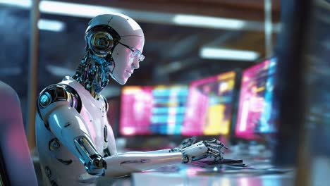 an advanced robot with intricate mechanical components is fully engaged in performing complex computing tasks. set in a modern tech workspace equipped with multiple high-resolution screens displaying vibrant data visuals, the robot showcases its capabilities. the atmosphere is filled with neon light