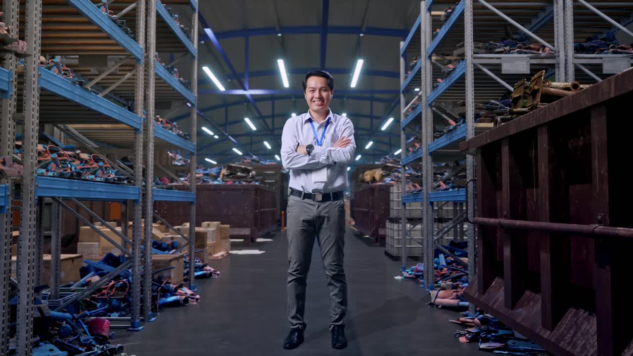 Ripresa a figura intera di un lavoratore professionista asiatico in piedi, in un magazzino industriale di rottami metallici e riciclo, con un ampio sorriso verso la telecamera e le braccia incrociate sul petto.