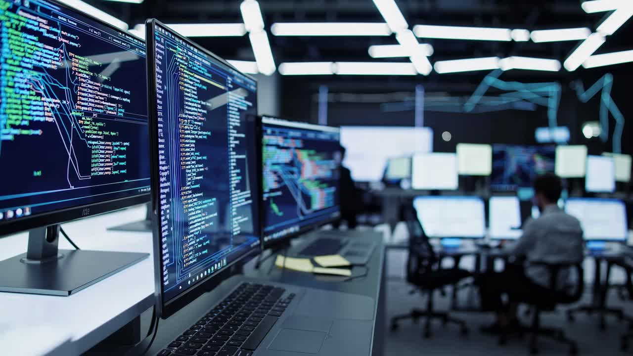 High-angle shot of a modern tech workspace with multiple monitors displaying code