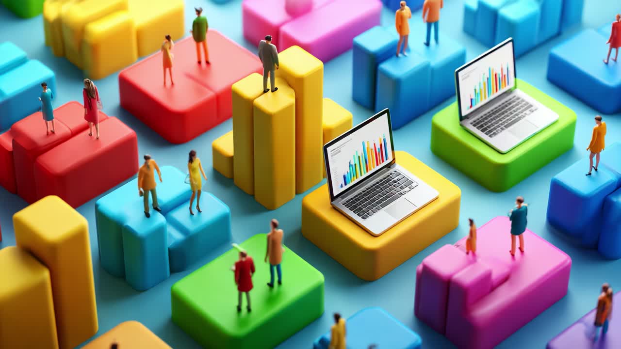 A vibrant and colorful 3D infographic-style scene showcasing miniature figures on colorful building blocks, surrounded by laptops displaying dynamic growth charts, symbolizing data analysis and digital innovation