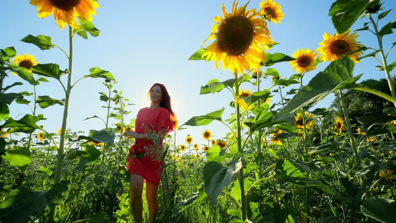 Woman Running Through a Sunflower Field