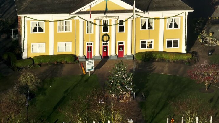 Facade Of Fort Langley Community Hall Building During The Holiday Season In Langley Township, Canada. Aerial Drone Shot