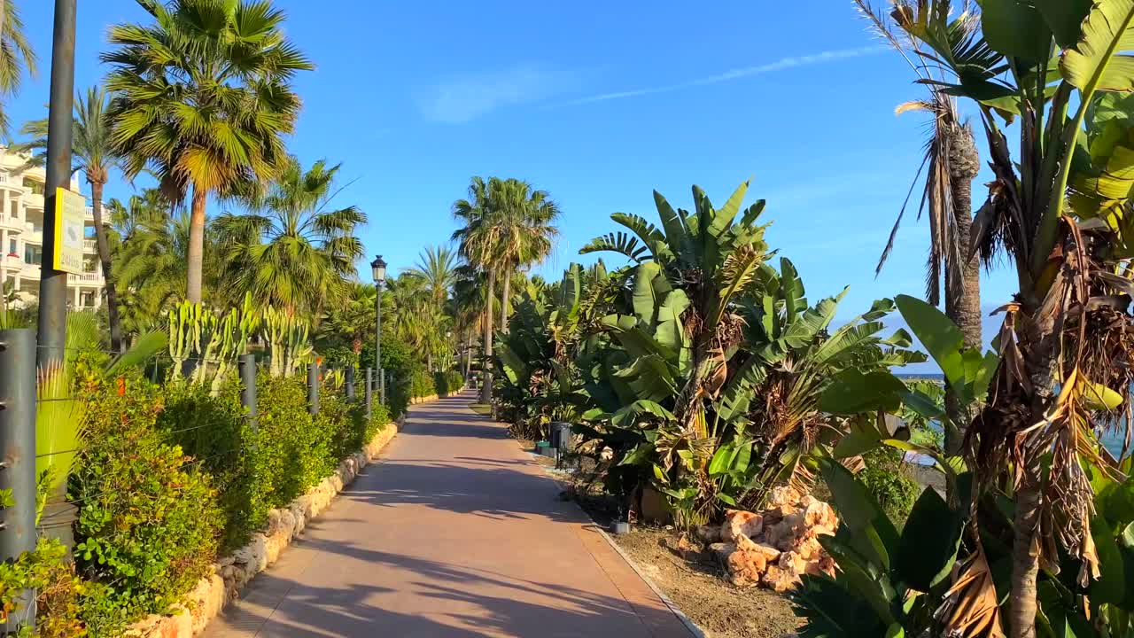 Camminando lungo un sentiero tropicale in riva al mare in una giornata di sole con cielo azzurro e palme a Marbella, Spagna, destinazione di vacanza, lungomare naturalistico di Estepona, ripresa 4K