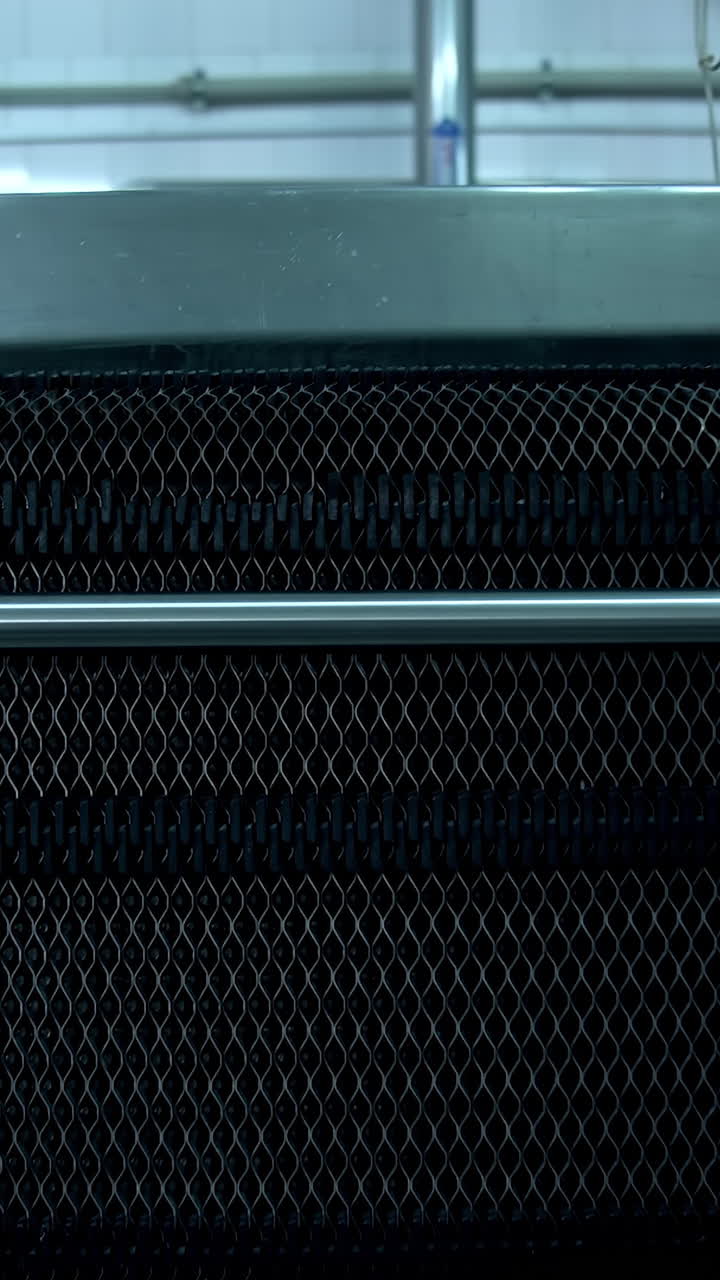 Interior of modern plant. Milk production factory with special automated equipment. Metal industrial appliances for food processing on dairy farm.. Vertical video