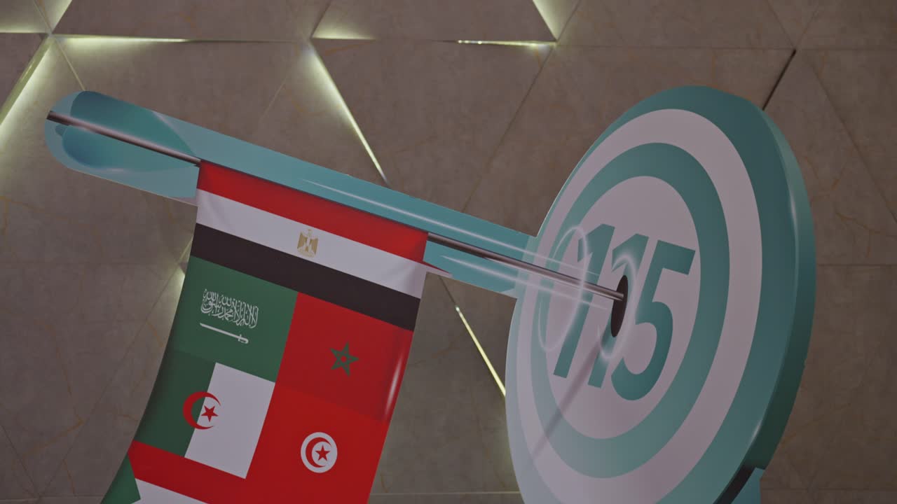 un cartel lleno de banderas árabes en un hotel en el alamein, egipto, fue disparado.