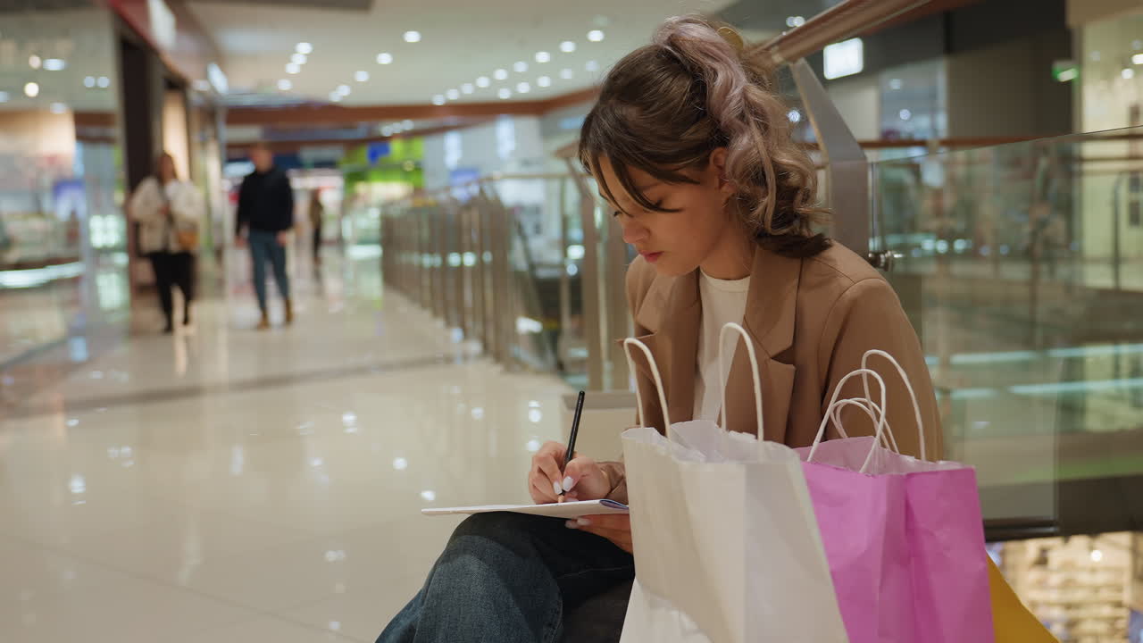 Mujer sentada en un banco del centro comercial escribiendo en un diario mientras los compradores pasan por detrás, con bolsas de la compra a su lado, iluminación ambiental, escena urbana espontánea que combina enfoque y bullicio para crear una narración de estilo de vida