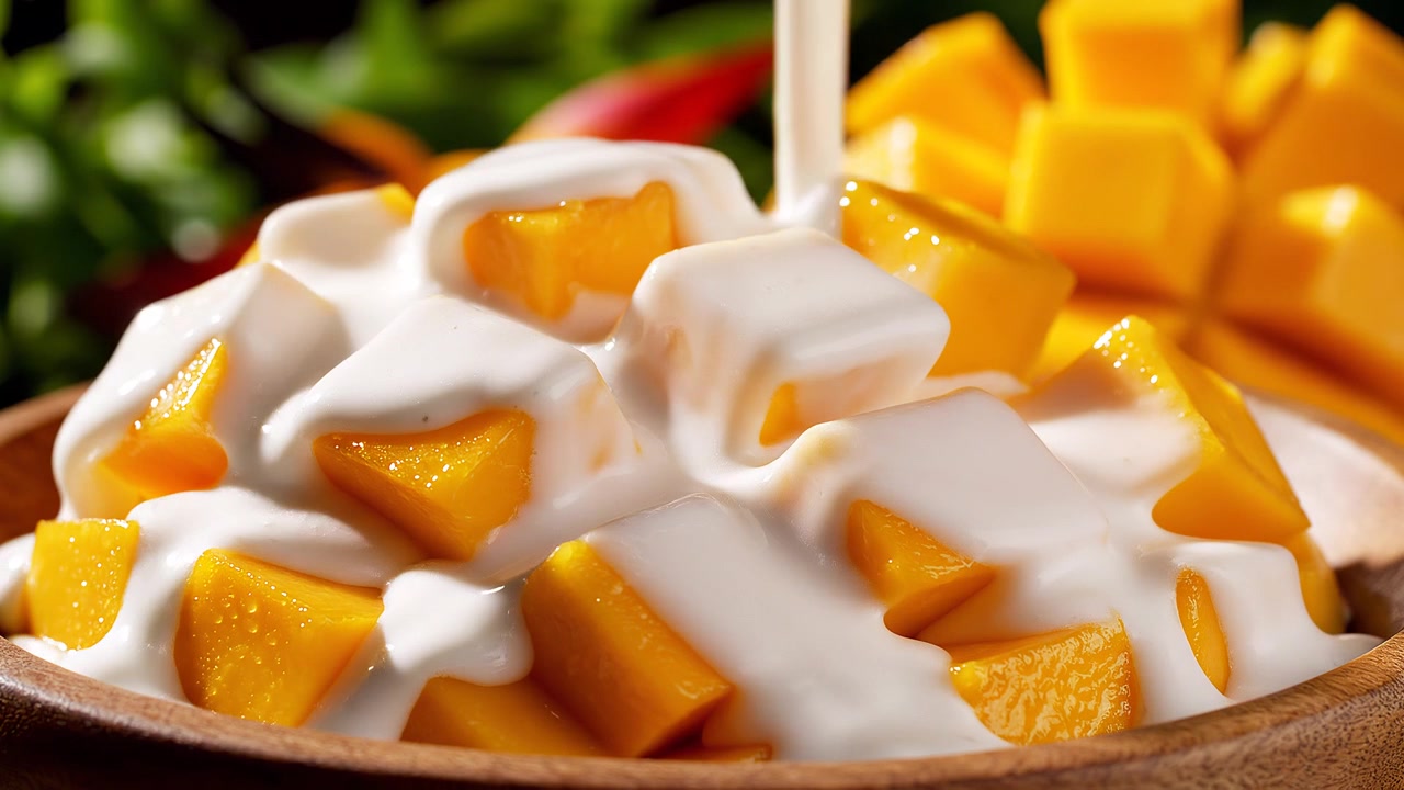 Latte di cocco cremoso versato su pezzi di mango fresco a cubetti.