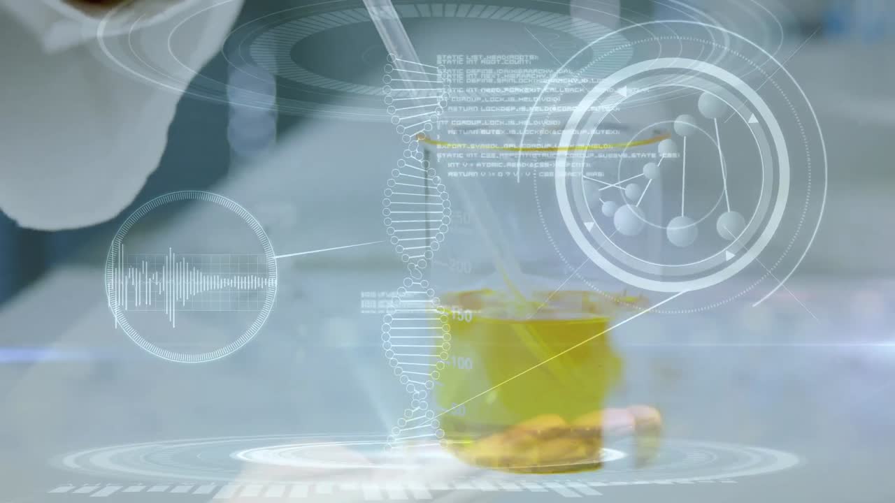 animación de la cadena de adn y procesamiento de datos en primer plano de un científico que trabaja en el laboratorio