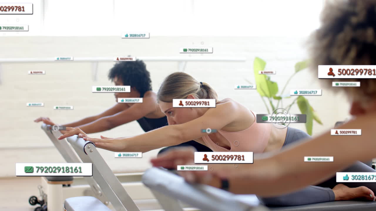 Social media notifications animation over women stretching in fitness class