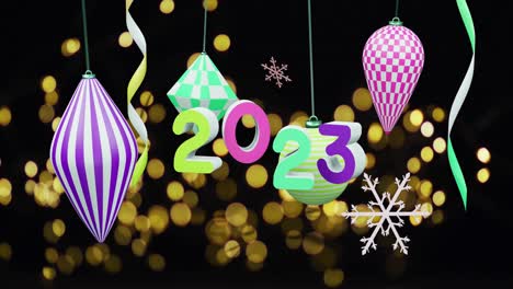 Animation-of-2023-text-and-christmas-decorations-in-background