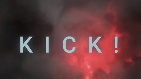 animation of kick text in blue, over colourful lightning in dark cloudy sky