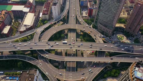 china sunny day shanghai city famous traffic round road junction aerial panorama 4k