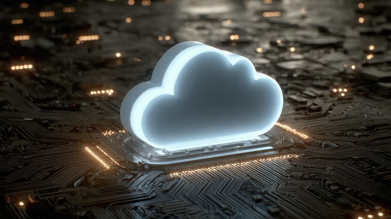Illuminated Cloud Symbol Over Circuit Board: A Visual Representation of Cloud Technology and Modern Computing Infrastructure
