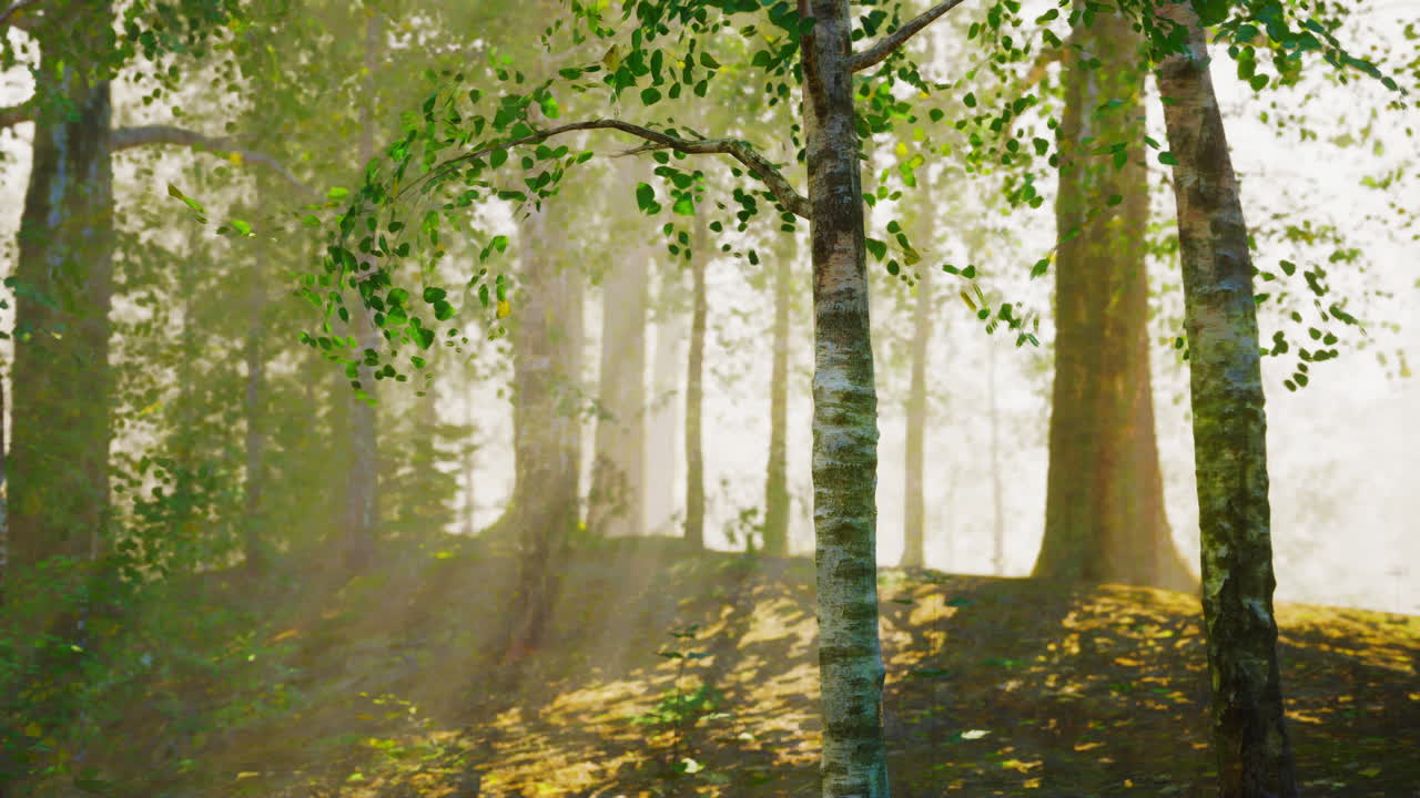 안개 가 가득 한 버드 숲 을 통과 하는 빛