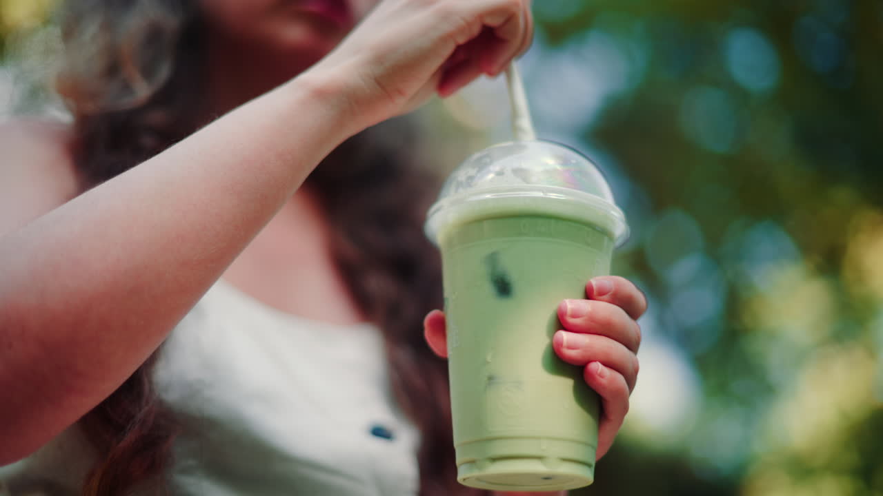Close up of woman's hand holding an iced matcha latte outdoors