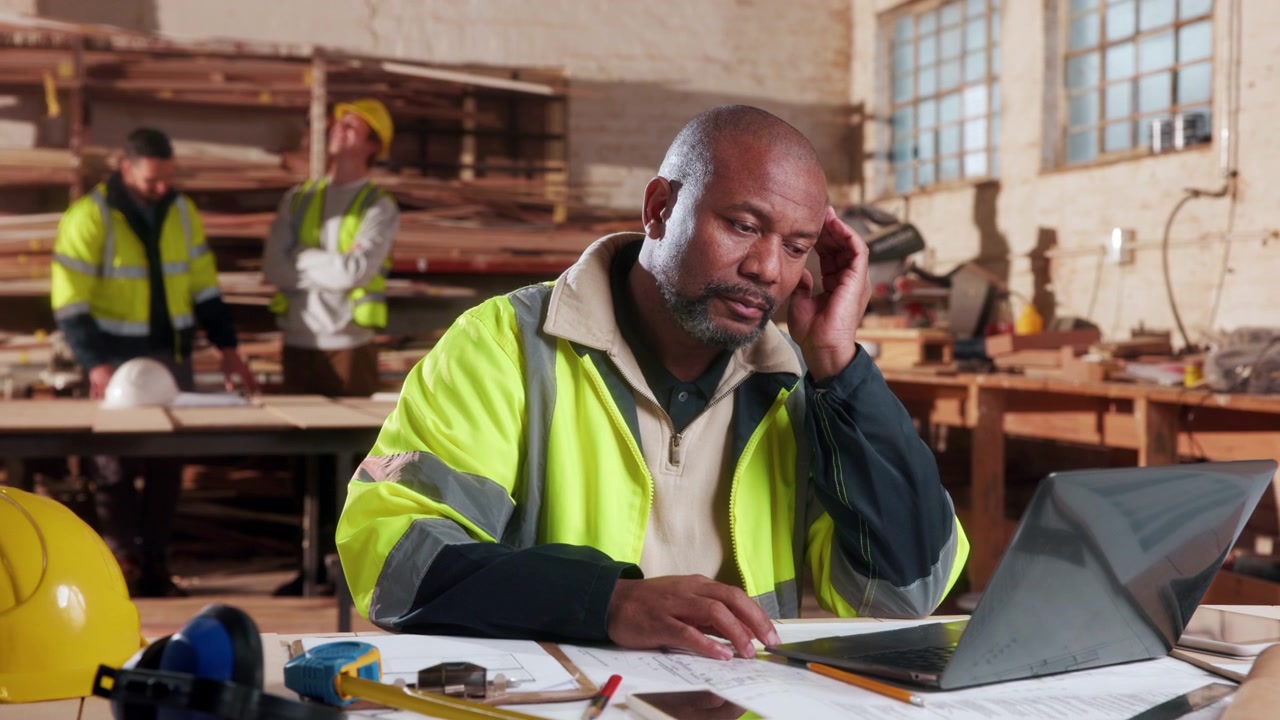 Stressed Construction Manager Working on Laptop in Workshop