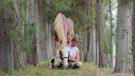 Beziehung-Zwischen-Pferd-Und-Frau,-Im-Wald-Kuscheln