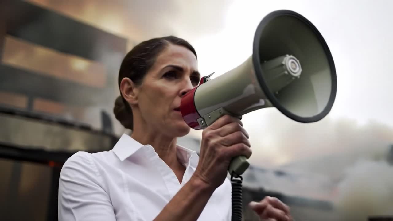 A woman passionately addresses a group using a megaphone, urging people to stay calm amid smoke and fire in an urban disaster. The atmosphere is filled with tension and urgency.