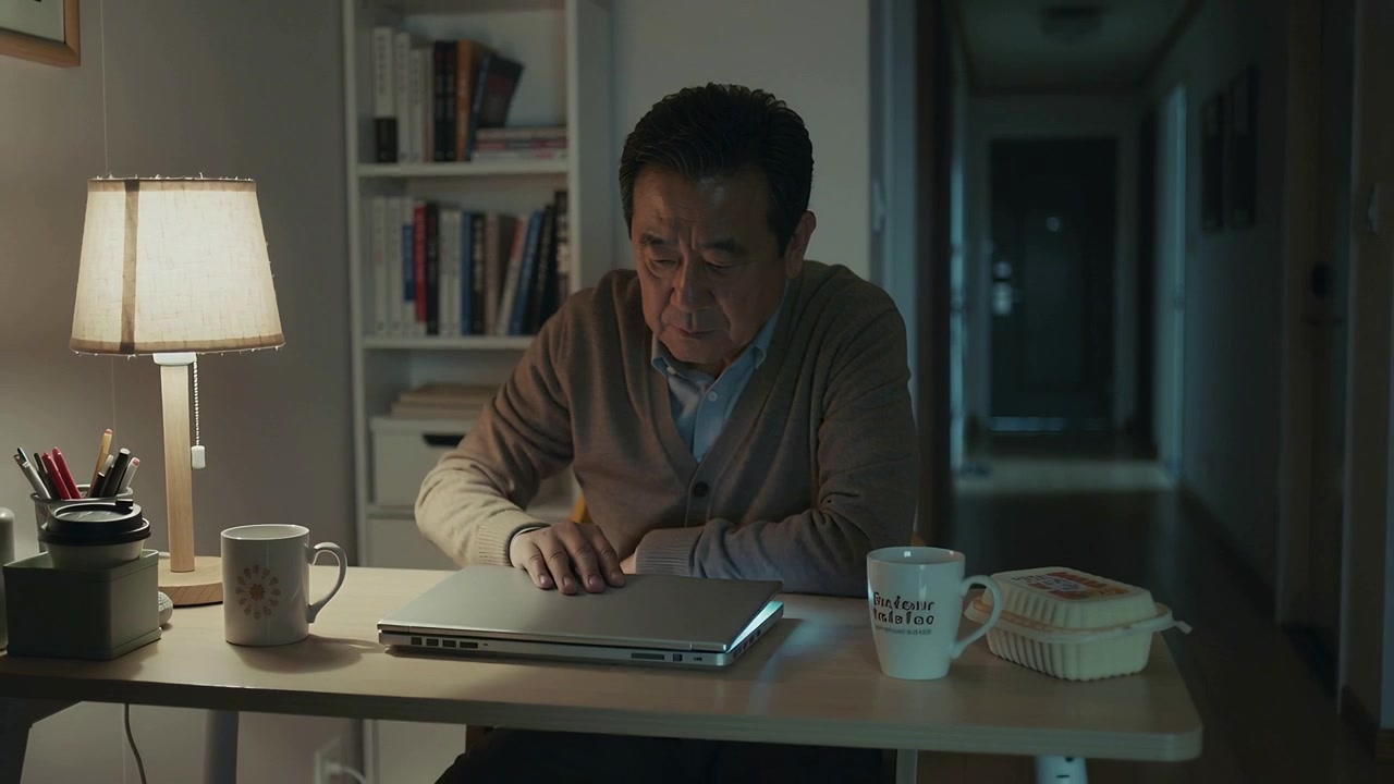 Using smartphone light senior man closing laptop at home, ending late work by lamp wearing cardigan