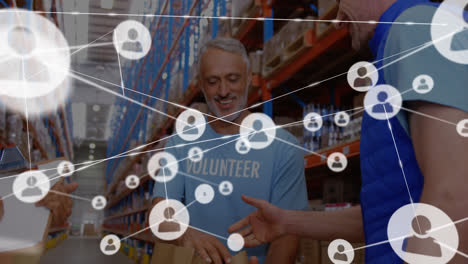 animation of network of connections over diverse volunteers in warehouse