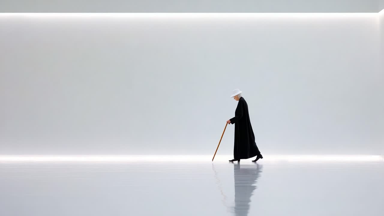 An Elegantly Dressed Individual with a Cane Silhouetted Against a Minimalist Background of Bright White and Subtle Light, Capturing a Moment of Reflection and Graceful Movement
