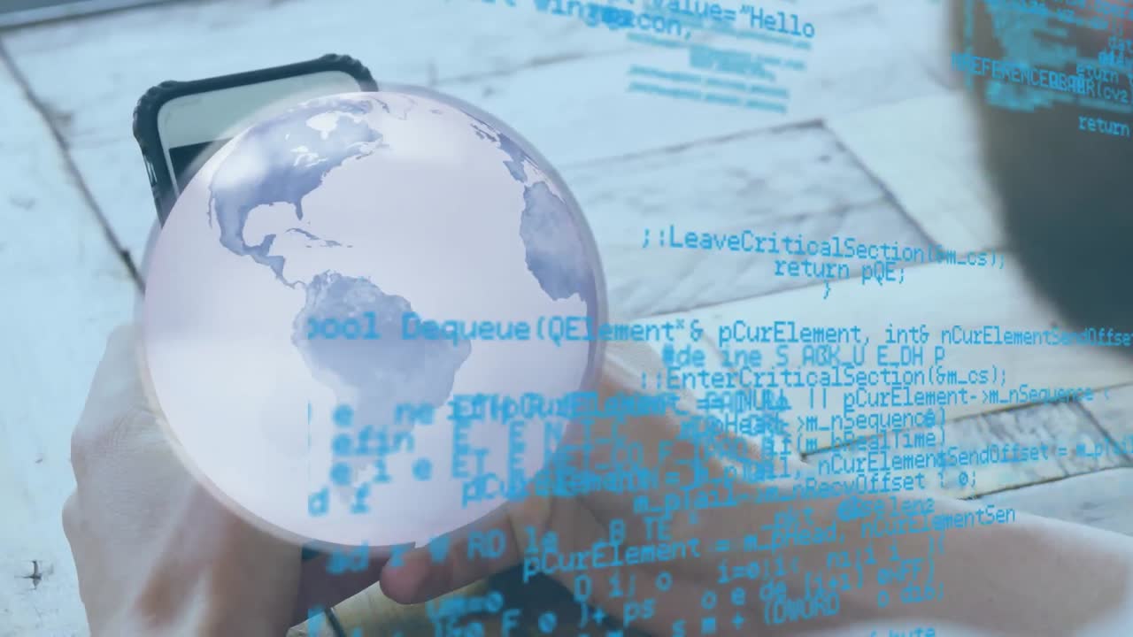 animación del procesamiento de datos financieros sobre un empresario caucásico que usa un teléfono inteligente